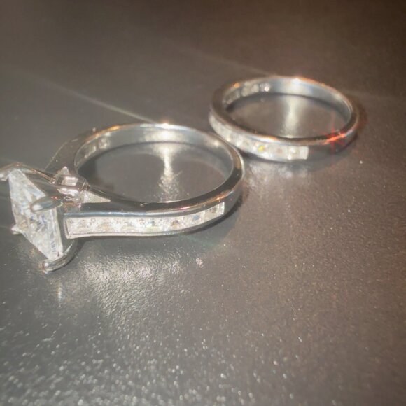 2 PC Wedding Set With Princess Cut CZ Engagement & Eternity Band Ring In Sterlin - Picture 6 of 8
